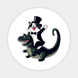 Happy cat riding a dinosaur vector funny design for cats and dinosaurs lovers Magnet